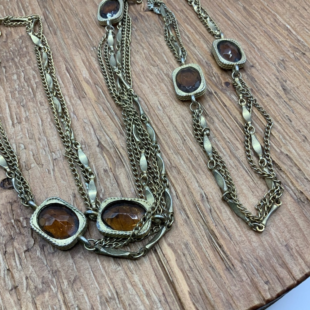 Sarah Coventry Vintage Multi Chain Gold Tone Amber Topez Glass Stone Necklace